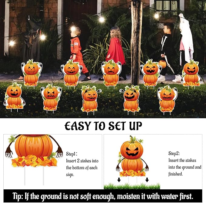 10 PCS Halloween Pumpkin Yard Signs with Stakes, Waterproof Pumpkin Ghost Lawn Signs, Trick or Treat Party Garden Outdoor Decorations, 10 Cute Scary Styles