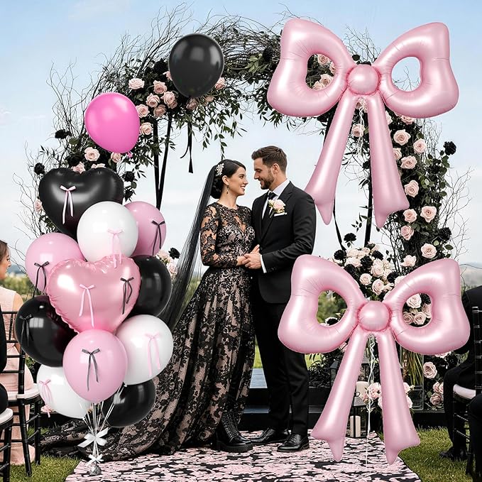 Pink and Black Heart Balloons, 38 Inch Bow Balloons, Black Hot Pink Pastel Balloon with Bow Ribbons for Women Birthday Anniversary Wedding Bridal Baby Shower Valentines Day Decorations