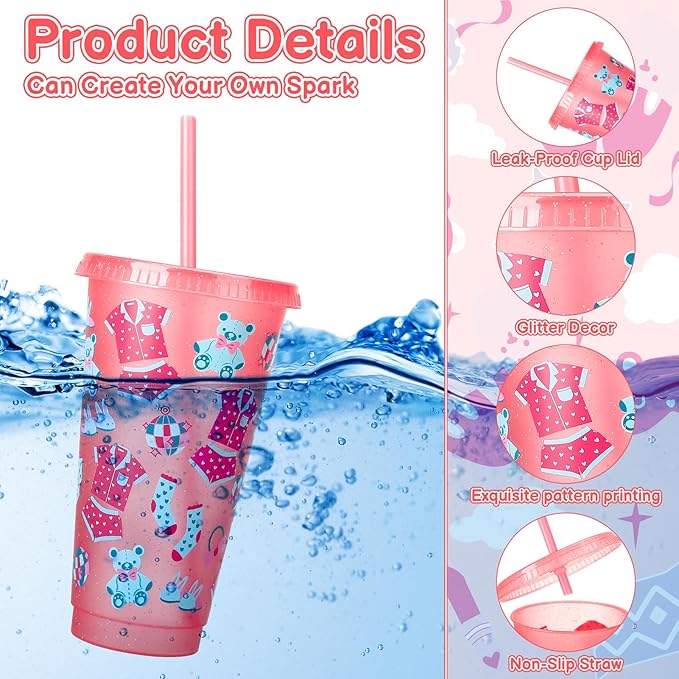 12 Pcs Sleepover Party Cups with Lids and Straws, 24 oz Glitter Iced Coffee Tumbler Sleepover Party Supplies for Girls