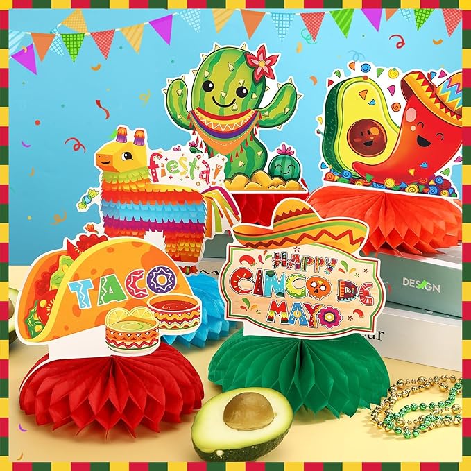 JULMELON 8PCS Cinco De Mayo Party Decorations, Mexican Fiesta Table Decorations Honeycomb Centerpiece for Mexican Theme Taco Party Birthday Supplies Fiesta Taco Bar Party Decor