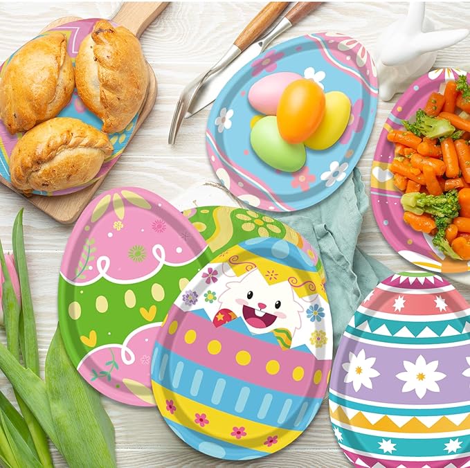 HAKOTI Easter Egg Tableware - 60 Pcs Bunny Egg Shaped Plates & Napkins Set for Happy Easter Dinnerware & Party Decorations