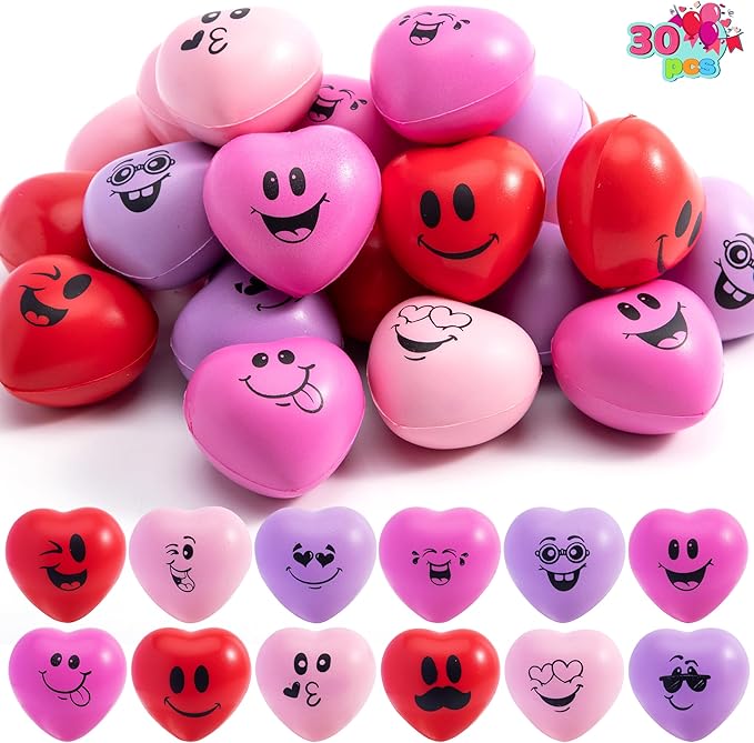 JOYIN 30 PCS Valentine's Day Heart Stress Balls 1.5"x1.5" for Kids, Squishy Toys Slow Rising for School Carnival Reward, Party Present Fillers, Gifts, Relieve Stress Toys