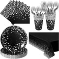 Serves 25 Guests Black and Silver Paper Plates Napkins Party Supplies,9-inch Silver Dot Black Paper Plates Napkins Cups Tablecloths for Father’s Day Prom Retirement Wedding Birthday Party