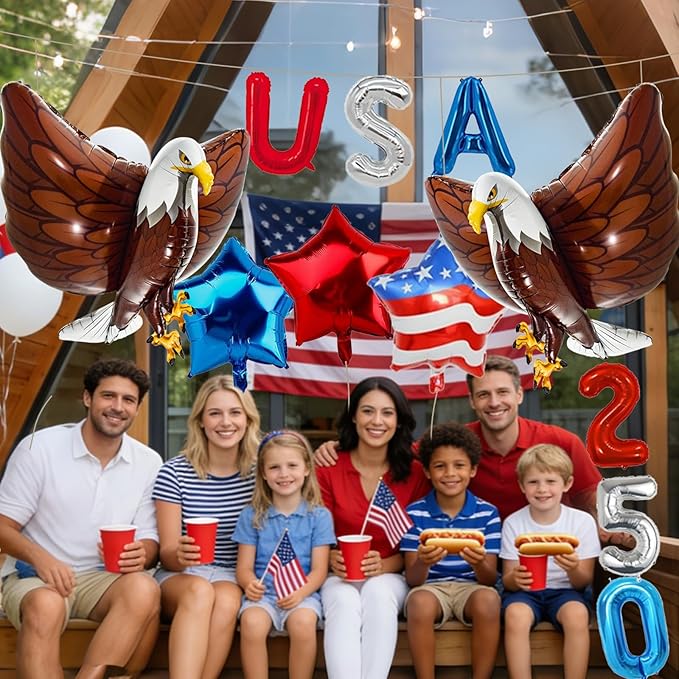 15 Pcs Patriotic Party Pack with Large 32 Inch Eagle Balloons & Tablecover, USA Red White Blue Party Decor for 4th of July Election Day Veterans Day
