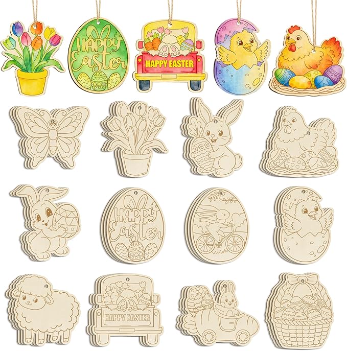 36PCS Wooden Easter Ornaments to Paint, 6 Styles DIY Blank Unfinished Wood Egg Cutouts Ornament for Crafts Hanging Decorations Happy Easter Hallow Egg Rabbit Bunny Butterfly Flower Hen