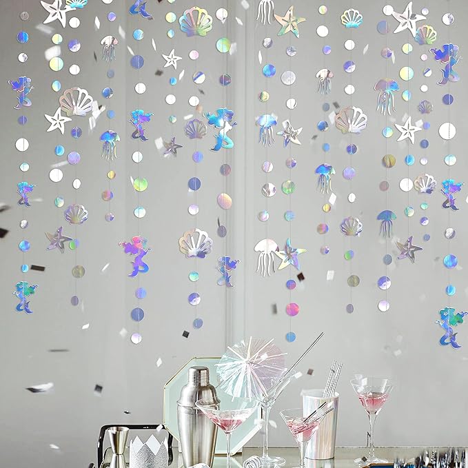 40 Ft Iridescent Mermaid Garland with Jellyfish Seashell Starfish Pearl Holographic Paper Streamer for Little Mermaid Rainbow Theme Birthday Bachelorette Baby Shower Under the Sea Party Decorations