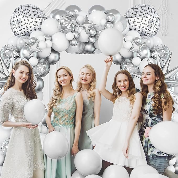 White and Silver Balloon Arch Garland Kit,White Silver Star Confetti Metallic Balloon Decoration with 18 Inch 4D Disco Silver Foil Balloon for Birthday Baby Shower Wedding Anniversary Party Decor