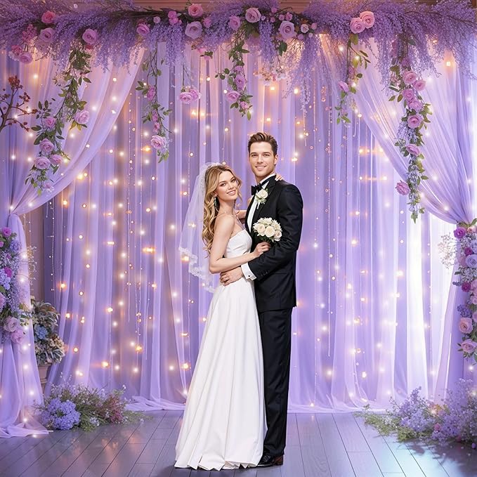 10ft x 10ft Lavender Chiffon Backdrop Curtain with Lights String for Parties,2 Panels Sheer Tulle Curtain Wedding Photo Backdrop with Lights for Baby Shower Birthday Party Ceremony Home Decorations