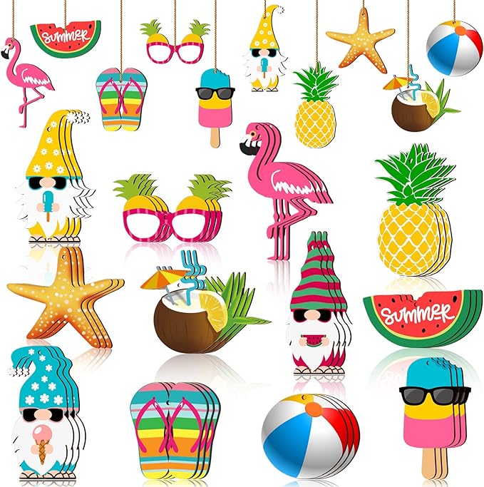 Chunful 36 Pieces Summer Tree Ornaments Christmas in July Wood Hanging Decoration Beach Wooden Slices Winter Tree Ornaments with String for Luau Hawaiian Party Supplies (Classic Style)