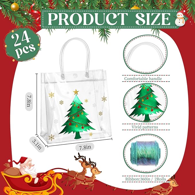 Henoyso 24 Pcs Christmas Clear Gift Bags Plastic Candy Treat Goodie Bags Red Foil Santa PVC Wrap Totes with Handles and Ribbon Xmas Party Favors (Green Christmas,7.8 x 7.8 x 3.1 Inch)