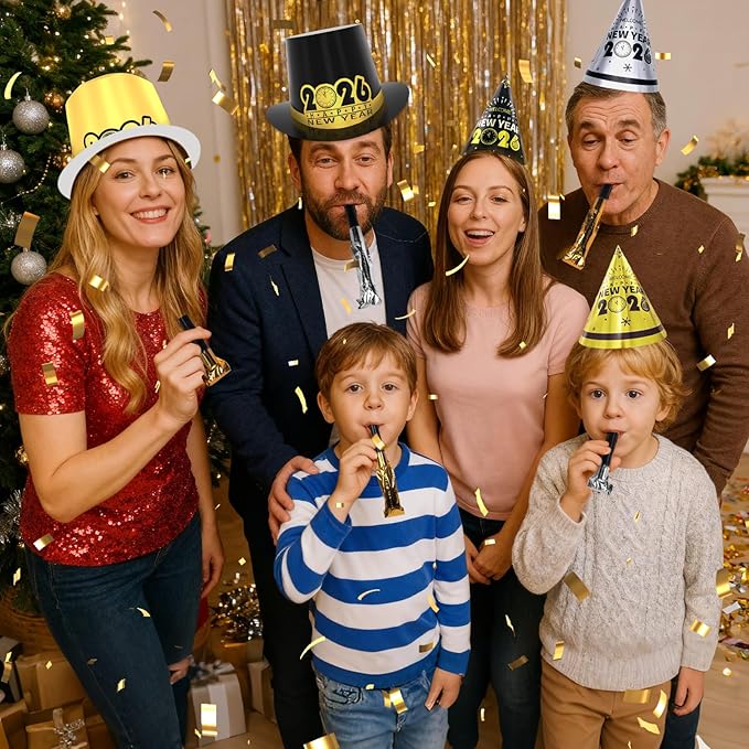 New Years Eve Party Supplies 2026 for 24 Guests, Happy New Years Decorations Party Favors Includes Top Hats, Tiaras, Glasses Accessories for Adults Kids Nye Decorations 2026