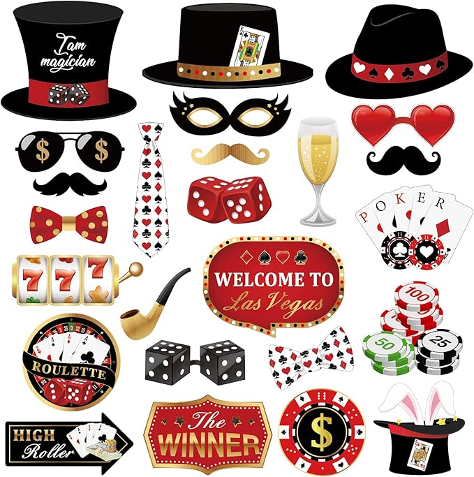 25Pcs Texas Hold'em Photo Booth Props with Stick, Las Vegas Selfie Props,777 Party Supplies,Playing Cards Theme Backdrop Decorations