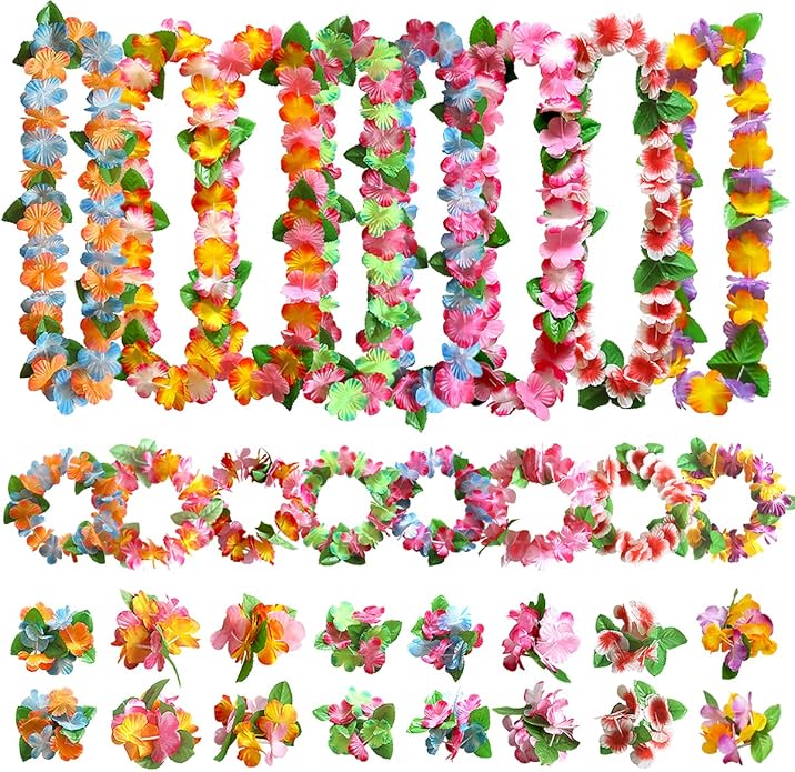 32pcs Hawaiian Leis Party Decorations, Necklace Flowers Bracelets Headband, Tropical Hawaiian Party Night Bar Vacation