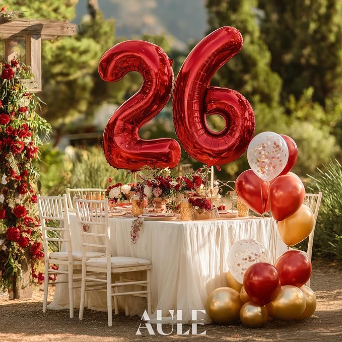 AULE 40 Inch Big Red Foil 26 Number Balloons for Women Large 26th Happy Birthday Decorations Giant Huge Helium Mylar 62 Anniversary Party Décor