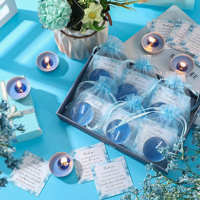 50 Sets Baby Shower Party Favors Including 50 Pcs Unscented Tealight Baby Shower Candles Gift Bags Cards for Gender Reveal Party Supplies(Blue)