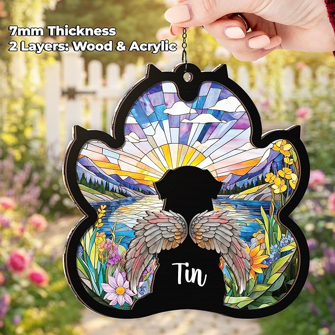 Personalized Angel Dog Memorial Suncatcher, Paw Suncatcher Remembrance Gift, Engraved Pet Memorial Ornament, Pet Sympathy Keychain, Loss of Animal Sympathy Card, Rainbow Bridge Dog Loss Gift
