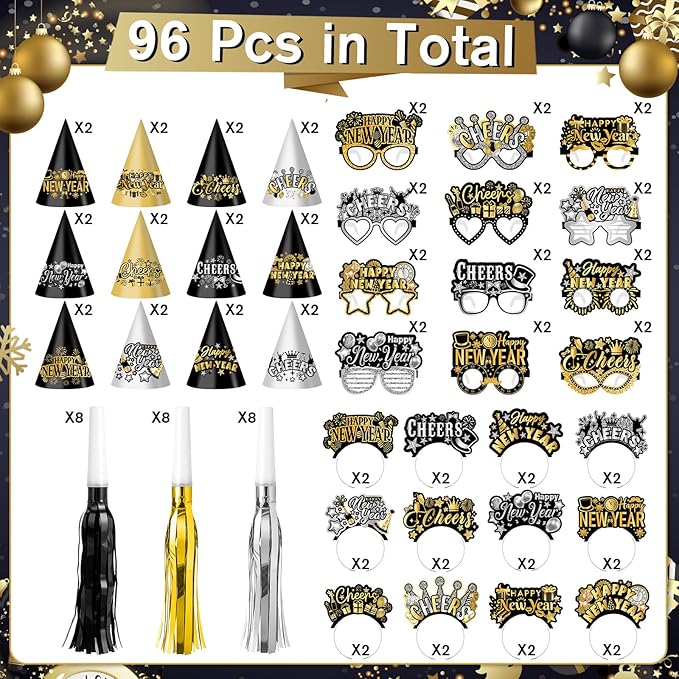 Jenaai 96 Pcs New Year Eve Party Supplies 2026 Happy New Year Eve Party Favors Include Paper Glasses Cone Hats Black Silver Gold Headbands Blowers Noisemakers for Holiday Decors Photo Prop Accessories