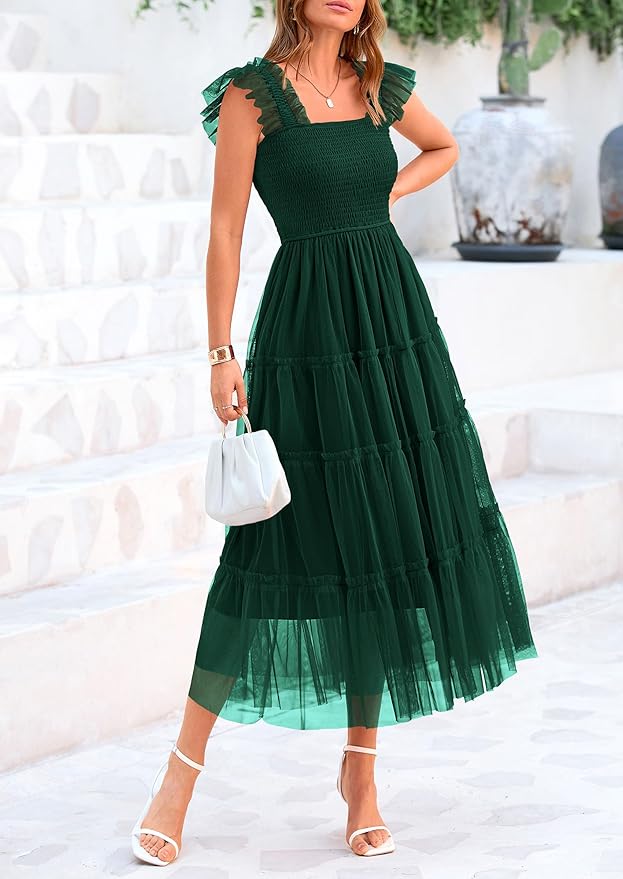 PRETTYGARDEN Women's Summer Tulle Midi Dress Sleeveless Smocked Ruffle Flowy Mesh Dresses Party Wedding Guest Sundress