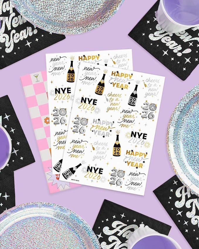 xo, Fetti New Year's Eve Party Supplies Tattoos - 40 Gold and Silver Foil Styles | NYE Party Favors, Disco Celebration Decorations, NYE 2026 Decor