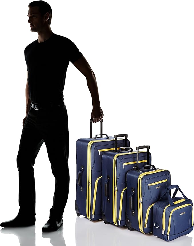 Rockland Fashion Softside 4 Piece Luggage Set, Expandable, (14" Tote/19"/24"/28"), Navy