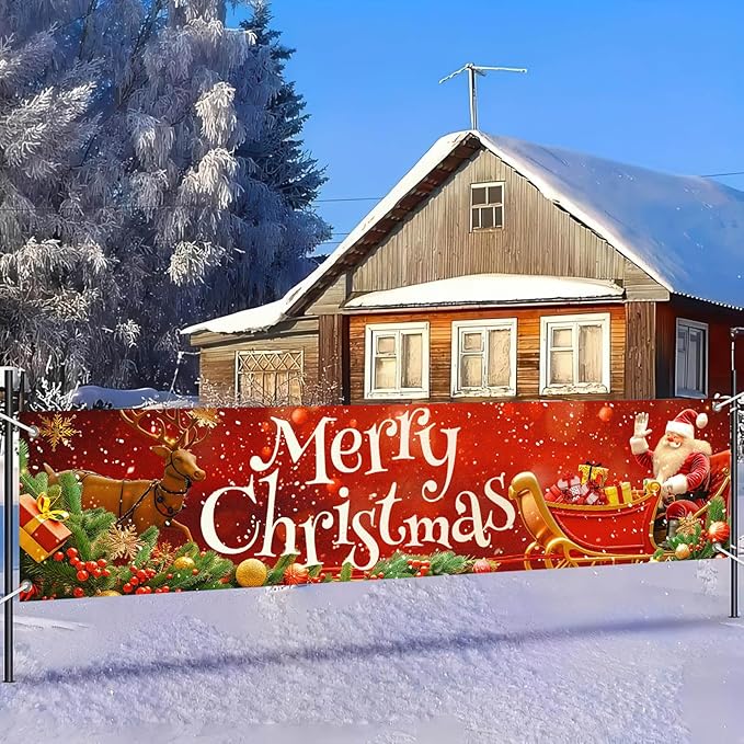 Merry Christmas Banner 79x18 Inches Santa Sleigh and Reindeer Christmas Fence Banner Outdoor Holiday Backdrop for Yard Wall Christmas Door Decorations Large Winter Backdrop Outdoor Display