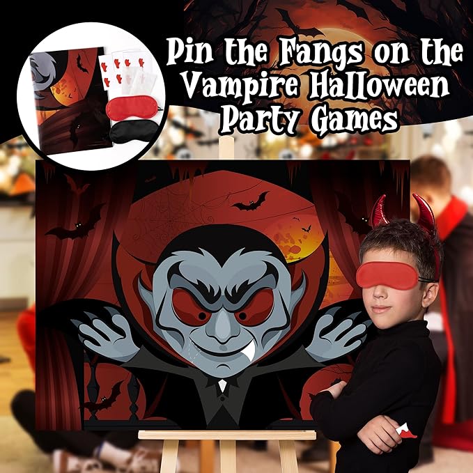 Pin The Fangs on The Vampire Halloween Party Games Poster with 24 Stickers Entertaining Activity Holiday Carnival Celebrations Birthday Party Decorations Supplies Haunted House Wall Decor