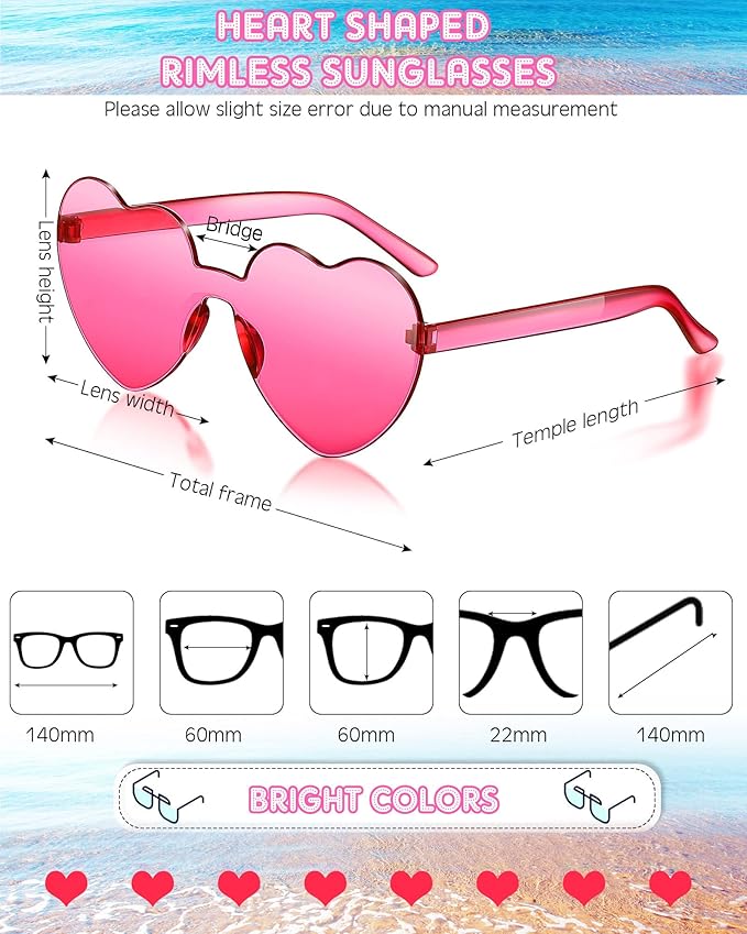 Frienda 8 Pairs Heart Shaped Sunglasses for Women Rimless Heart Glasses Candy Color Sunglasses for Party Favor