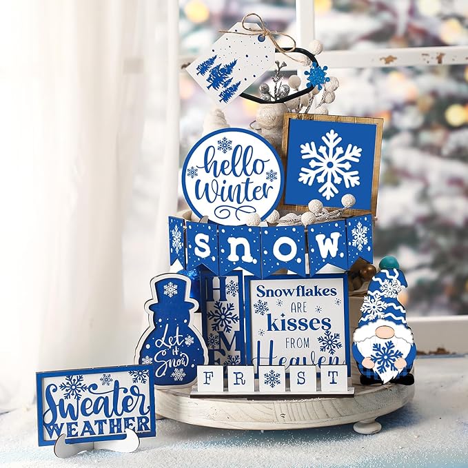 Winter Tiered Tray Decor Set Hello Winter Snowman Wooden Signs Snowflake Decorations Rustic Farmhouse Blocks Sign for Home Table Harvest Holiday