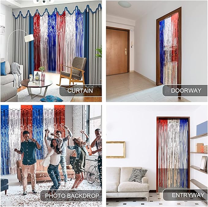 LOLStar 4th of July Decorations, 5Pack Red White Blue Labor Day Party Decorations Tinsel Foil Fringe Curtains, Photo Booth Prop Streamer Backdrop for Patriotic Olympics Election Vote Veterans Day