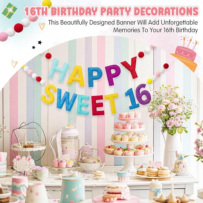 Fulmoon Pre Strung Happy Sweet 16 Banner Sixteenth Birthday for Girls Decorations Sweet 16th Party Sign for Birthday Bachelorette (Vibrant,Felt,Macaron Color)