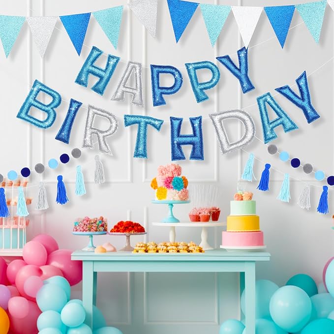 5 Pcs Pre-Strung Blue and Silver Happy Birthday Banner Set, Felt Glitter Happy Birthday Garland with Ball Garland, Pennant Flags and Tassels, Birthdays Party Decorations for Kids and Adults