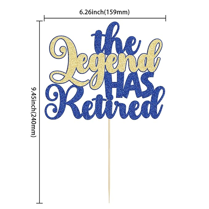 Gyufise 1Pc The Legend Has Retired Cake Topper Glitter Goodbye Hello Tension Pension Cake Pick for Happy Retirement Farewell Theme Party Decoration Supplies Blue Gold