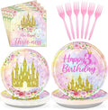 96 Pcs Princess 3rd Birthday Party Supplies Her Royal Threeness Party Plates and Napkins Watercolor Pastel Rainbow Castle Party Decorations for Girls Princess Three Years old Birthday Party Serves 24