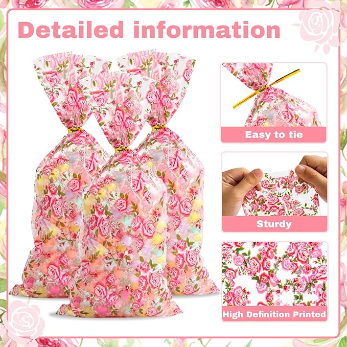 Docvania Floral Cellophane Treat Bags Plastic Gift Bag 100 pcs 5 X 11 Flowers Cookie Bags with Ties Goodie Candy Bag Suitable for Mother's Day, Valentine's Day, and Holiday Parties