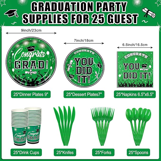 175PCS Graduation Plates and Napkins Set 2026 Graduation Party Supplies Tableware Set Include Paper Plate Napkin Cup Knife Fork Spoon for Grad Party Decor Serve25 (Green and Black)