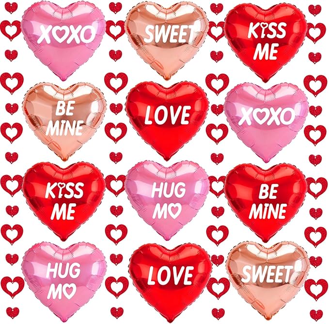 Valentines Day Decorations, 12pcs Valentines Day Balloons, Red Heart Balloons and Love Foil Balloons, Fake Rose Petals Wedding Backdrop Party Supplies