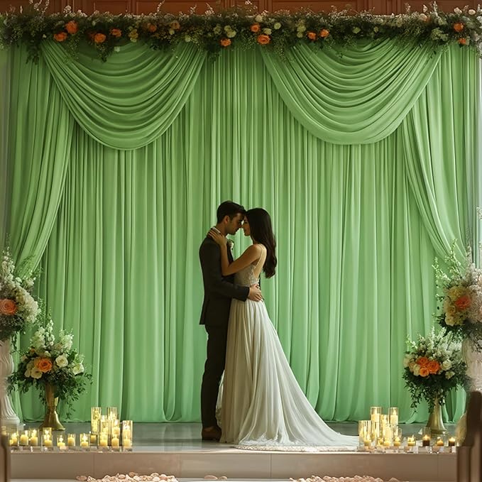 24x10FT Sage Green Backdrop Curtains for Wedding Parties, Wrinkle Free Polyester Photography Backdrop Drapes for Wedding Baby Shower Birthday Parties Stage Background Stand Decorations 4x10ft,6 Panels