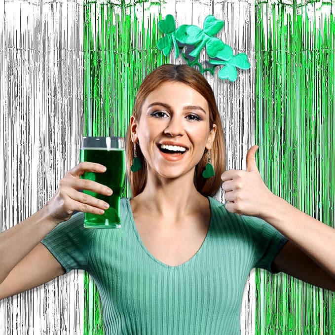 3 Pack Silver Green Foil Fringe Curtain Backdrop, 3.28Ft x 6.6Ft Metallic Tinsel Foil Fringe Streamer Curtains for Photo Booth, Christmas Day, Thanksgiving, Wedding, New Year Party Decorations