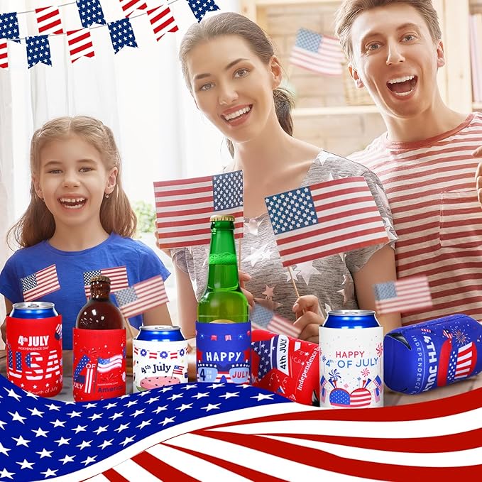 4th of July Decoration Can Cooler Sleeves, 12 Pcs Independence Day Can Party Supplies USA Flag Insulated Collapsible 4th of July Cooler Sleeves for Patriotic Memorial Day (A)