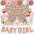 Ouddy Party Rose Gold Baby Shower Decorations for Girl with Welcome Baby Banner Baby Girls Rose Gold Pink Gold White Foil Balloons Fringe Curtains Paper Pom Poms for Baby Shower Reveal Party Supplies