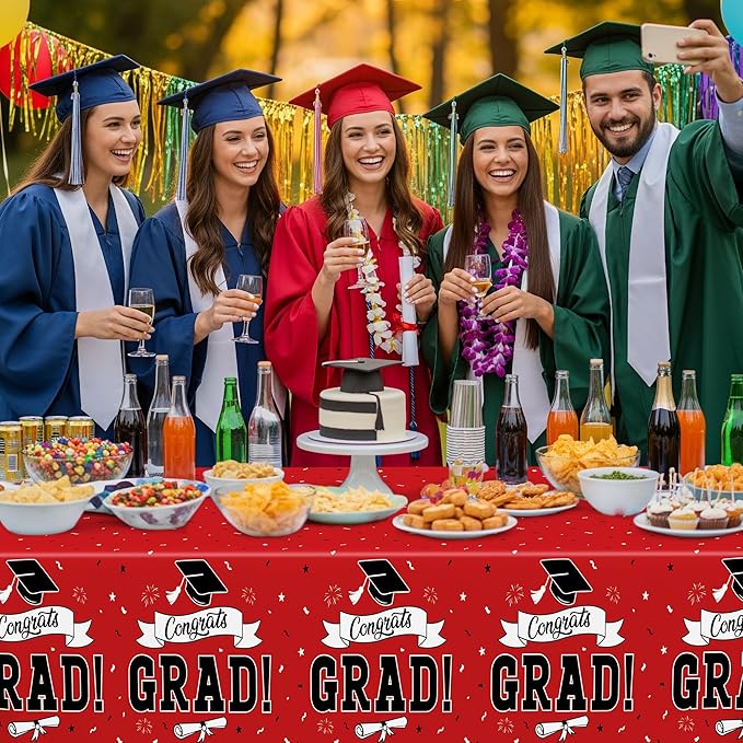 QZYL 2 PCS Graduation Tablecloth, 108" X 54" Red Graduation Table Decorations 2026, Disposable Plastic Tablecover for Grad Decor Party Supplies, Rectangle Table Cloths for Class 2026 Congrats Grad