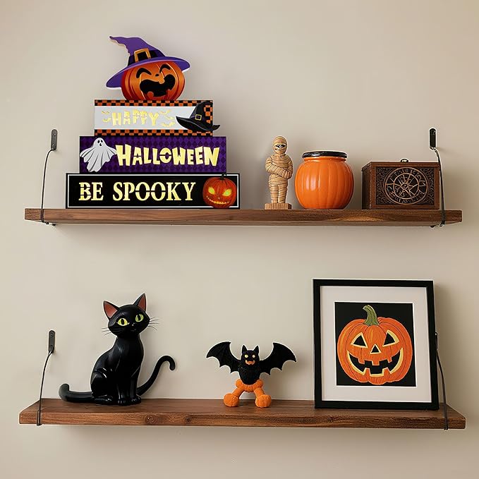 WBao Halloween Decorations Indoor 9.4inch Premium Wooden Block Set with Glowing 3D Letters, Timer, Battery Powered Rustic Farmhouse Centerpiece for Home, Table, Mantel, Shelf Halloween Party Decor