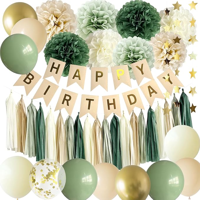 ANSOMO Sage Green Happy Birthday Party Decorations Retro Green Nude Ivory Dark Olive Kraft Paper Banner Balloons Neutral Rustic Boho Blush Safari Botanical Greenery Wild Décor Supplies Women Adults