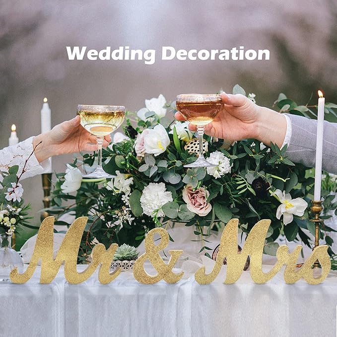 JOYLEX Mr Mrs Sign for Wedding Table, Mr and Mrs Wooden Letters, Large Mr. & Mrs. Party Decoration Items, Head Table Wedding Sign for Anniversary Party Valentine's Day Vintage Decor-Golden