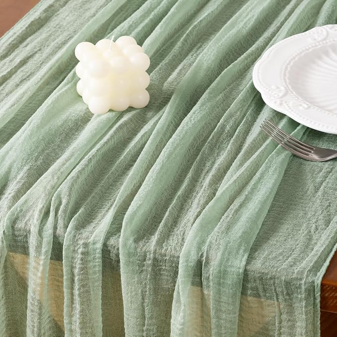 Socomi 6pcs Sage Green Cheesecloth Table Runner Gauze Valentine's Day 120 Inch Rustic Boho Cheese Cloth Runner for Wedding Party Baby Bridal Shower Centerpiece Decoration Holiday Home Decorations