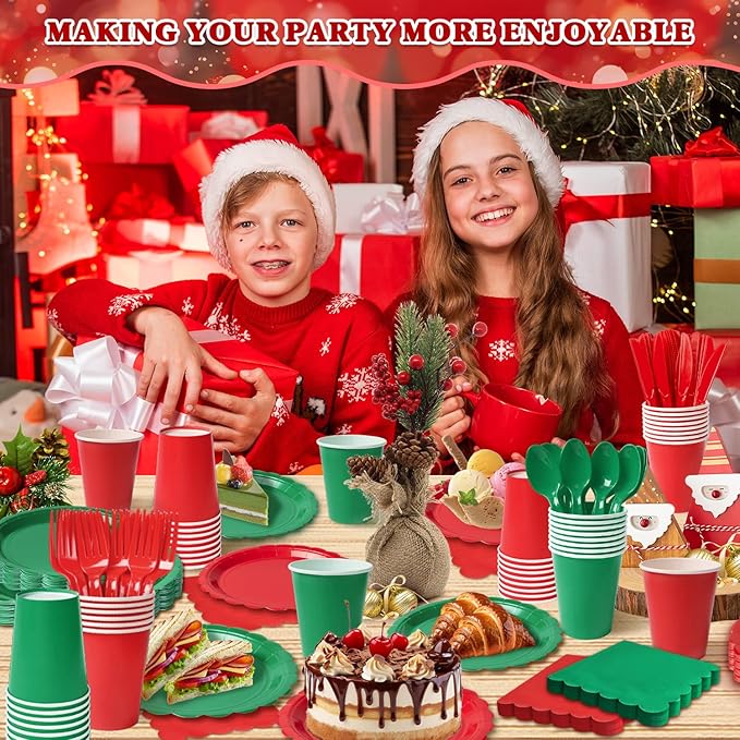 Vyntra 350 Pcs Red and Green Disposable Paper Plates and Napkins Set for 50, 9" Dinner Plates & 7" Dessert Plates, Tableware for Christmas Party, Holiday Dinner