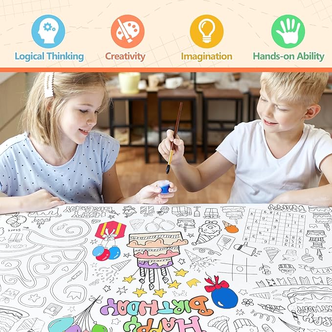 GWHOLE Happy Birthday Coloring Tablecloth, 40x28 Inch Coloring Poster Coloring Table Cloth for Kids Gift Birthday Parties, Classroom Activities