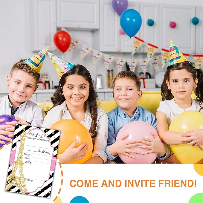 DETIHO 4" x 6" Paris Theme Birthday Party Invitation Cards With Envelopes - Fill In Style Party Invitation - 20 Sets - E21