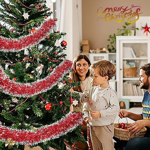 100Ft Christmas Garland - Xmas Tree Decorations, Christmas Tinsel Decorations for Indoor&Outdoor Home Decor, Christmas Metallic Twist Garland Ceiling Hanging Decorations for New Year(Red)