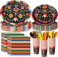 Havawish 350 Pcs Mexican Party Supplies Fiesta Disposable Tableware Set Flower Serape Stripe Oval Paper Plates Cups Napkins Fork Knife Spoon Dinnerware for Cinco De Mayo Mexico Table Decor